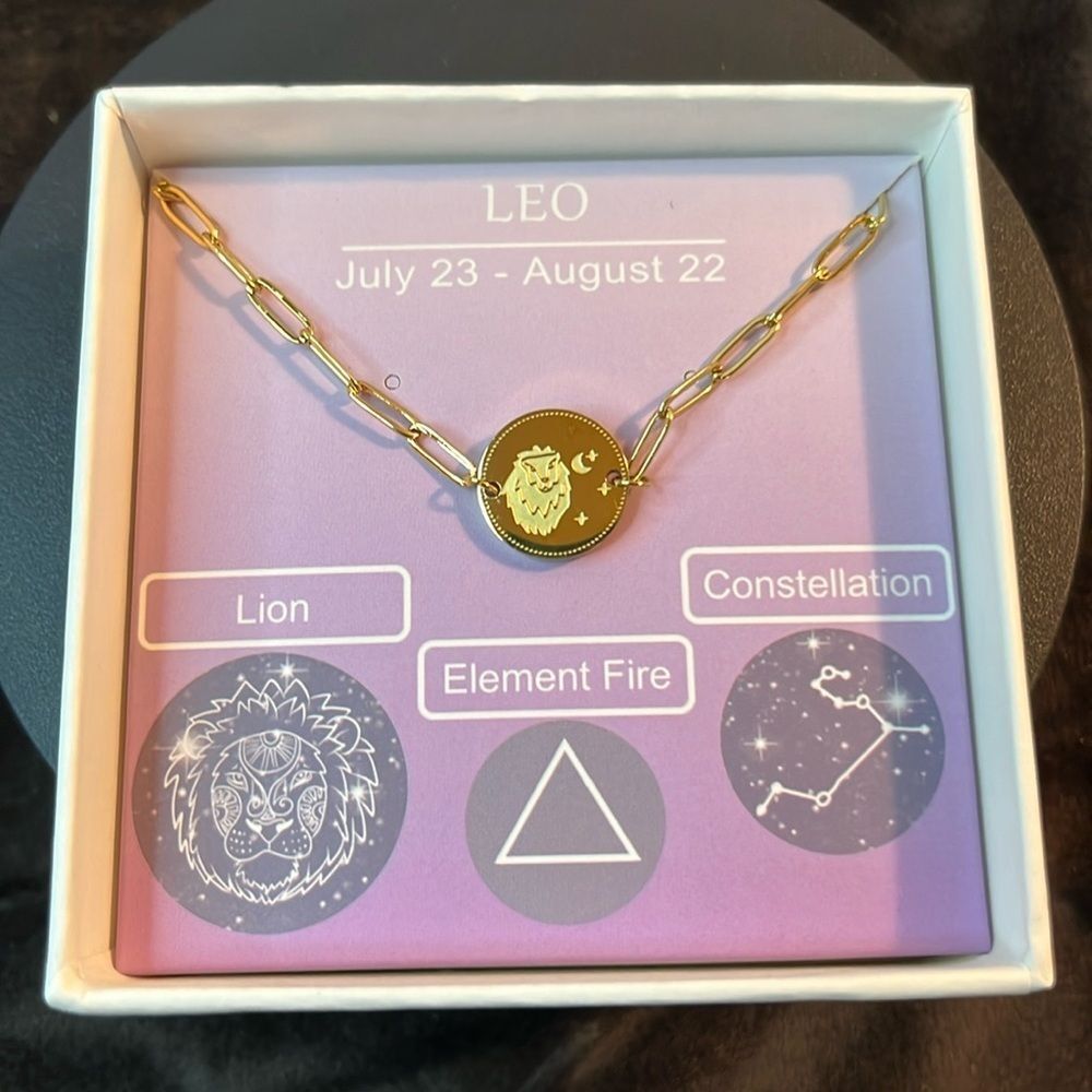 White Austrian Crystal Leo Zodiac Coin Bracelet in ION Plated YG Stainless Steel